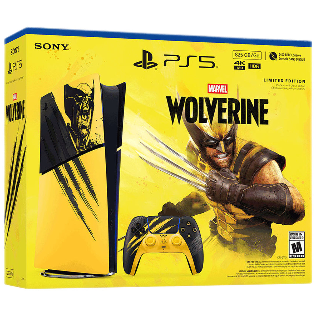 PlayStation 5 Digital Edition Marvel's Wolverine Battle Yellow Limited Edition bundle in yellow and black, on a white background