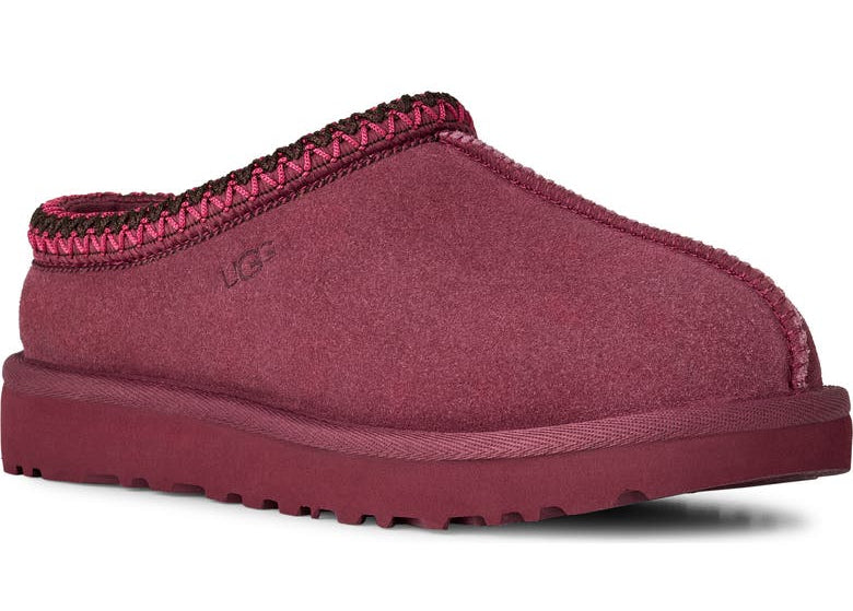 Maroon slipper with red trim on a white background