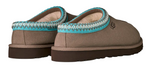Pair of brown slippers with blue and white patterned trim on a white background - Image 4