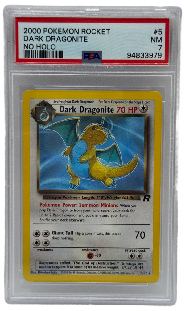 2000 Pokémon Rocket Dark Dragonite ERROR No Holo 5/82 PSA 7 NEAR MINT
