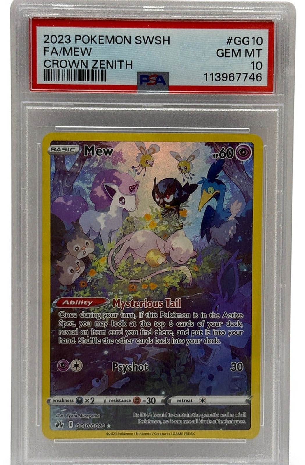 Pokémon trading card in protective packaging with a white background