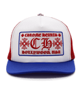 Cappellino Trucker Chrome Hearts CH Hollywood USA, rosso, bianco e blu