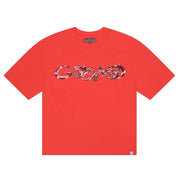 Red t-shirt with a graphic design on a white background