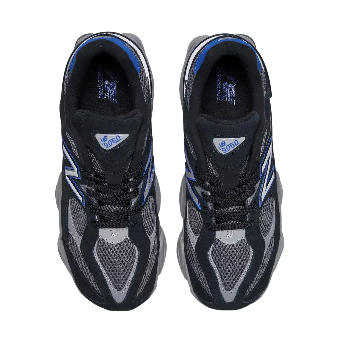Pair of black and gray running shoes with blue accents on a white background