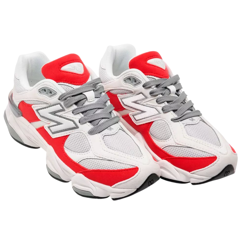 White and red sneakers with gray accents on a white background