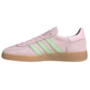 Pink sneaker with green stripes on a white background