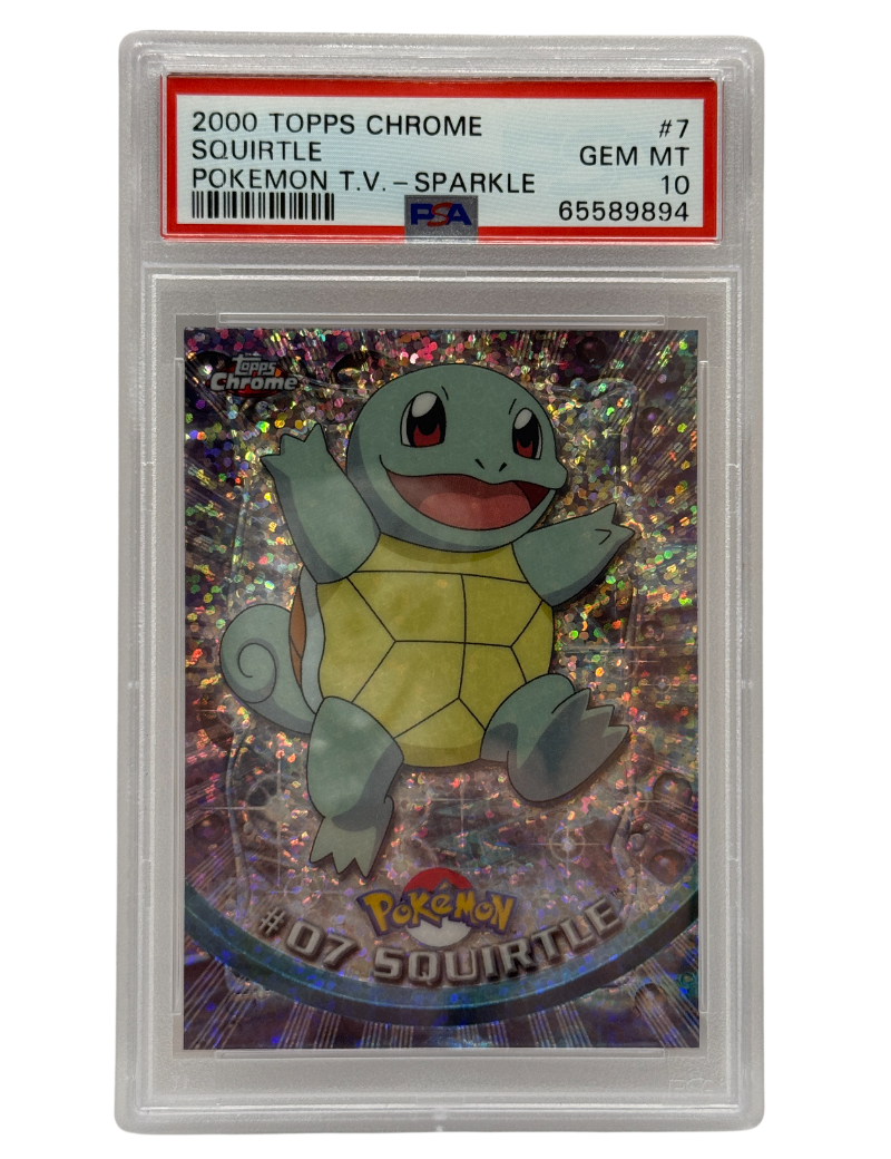 Pokémon trading card featuring Squirtle in a protective case with Topps branding.