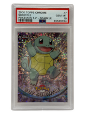 Pokémon trading card featuring Squirtle in a protective case with Topps branding.