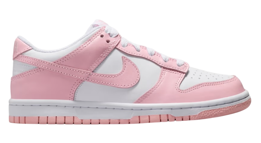 Pink and white sneaker with a visible brand logo on a white background