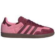 Pink and maroon sneaker with Adidas logo on a white background