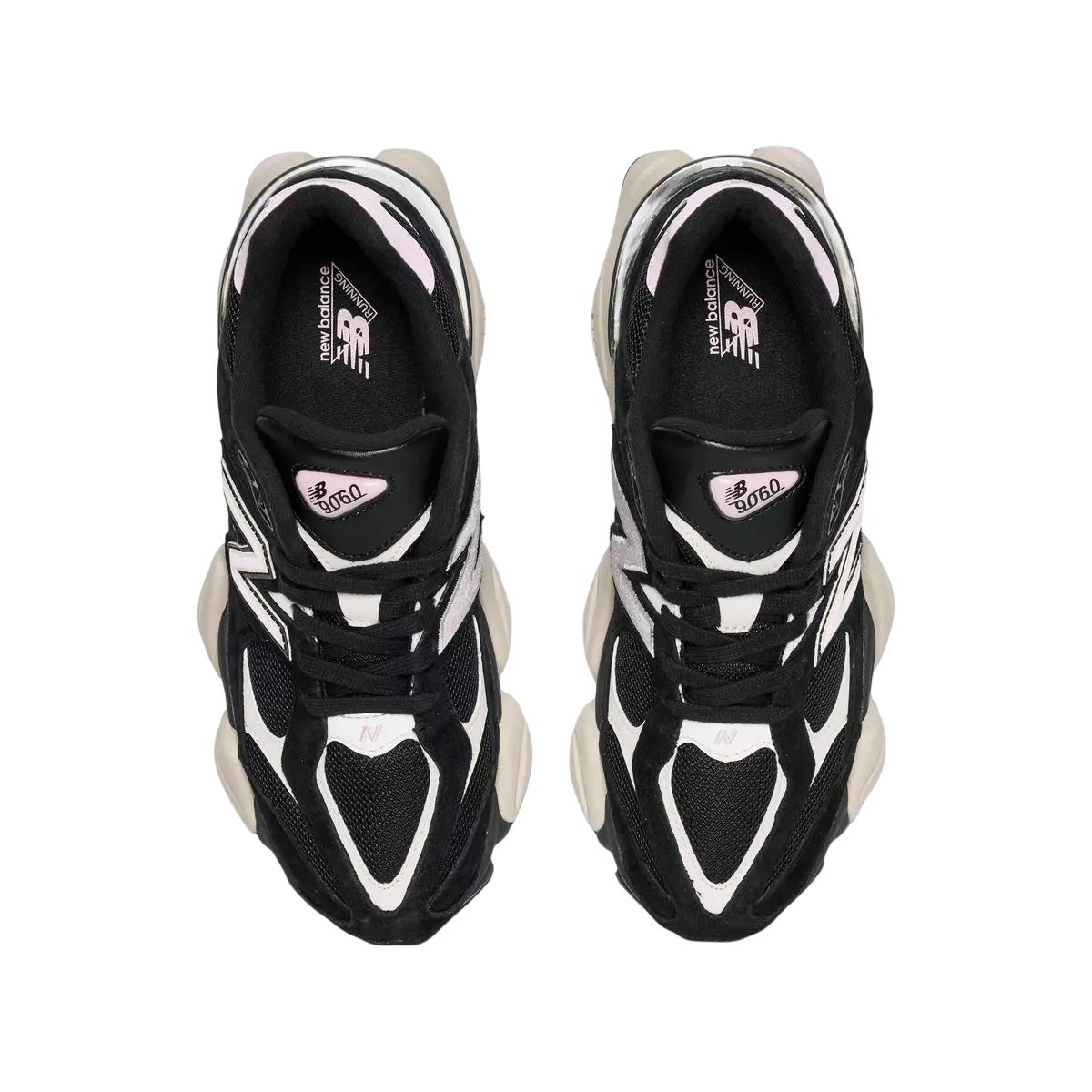 Black and white sneakers with brand logo on a white background