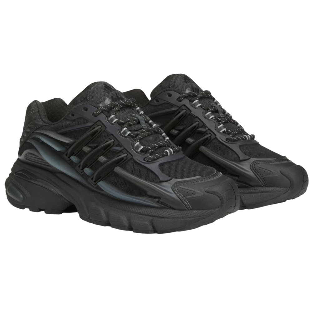 Pair of black sneakers on a white background