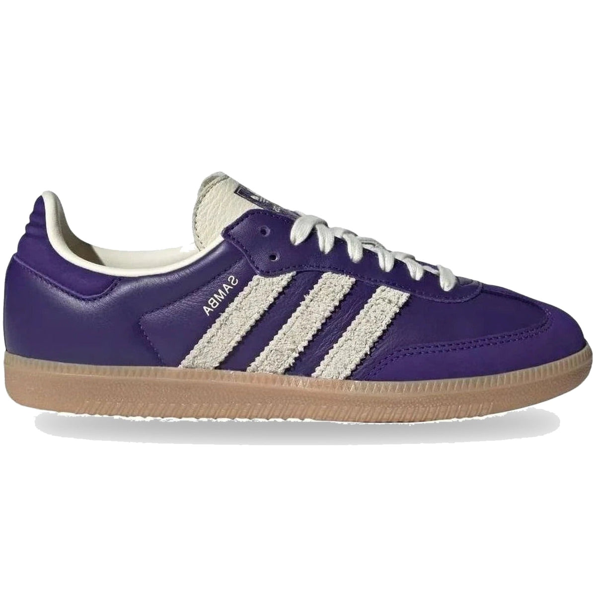 Purple sneaker with white stripes and 'Samba' branding on a white background