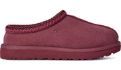 Maroon slipper with red trim on a white background