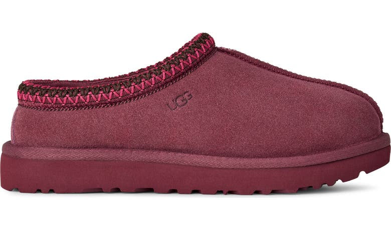 Maroon slipper with red trim on a white background
