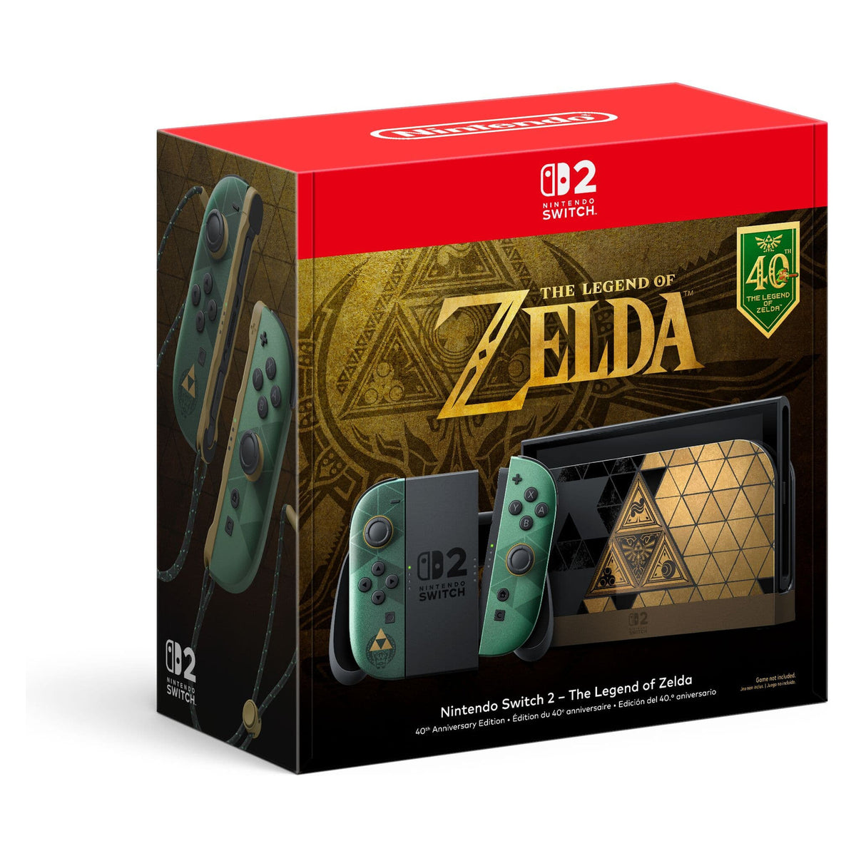 Nintendo Switch 2 The Legend of Zelda 40th Anniversary Edition in green and gold, on a white background