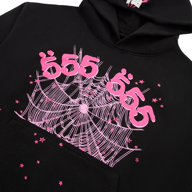 Sp5der Angel Number Hoodie Black & Pink