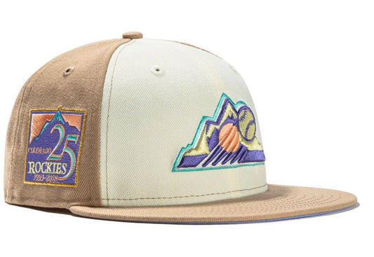 New Era 59 Fifty Sugar Shack 2.0 Colorado Rockies 25th Anniversary Patch BP Rail Hat - White, Tan, Lavender - Supra Sneakers